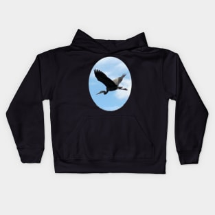 Great Blue Heron Flying Past the Clouds Above Trojan Pond Kids Hoodie